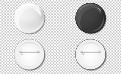 Realistic 3d empty graphic white and black button badge icon set isolated on transparency grid background. Front and top view. Design template for branding, advertise etc. Vector mockup.