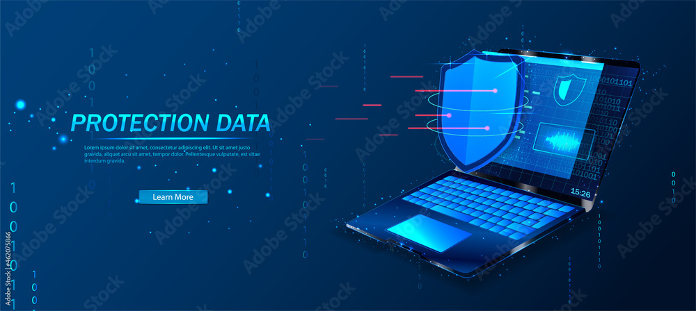 Poster cyber security, data protection, cyberattacks concept on blue background. database security software