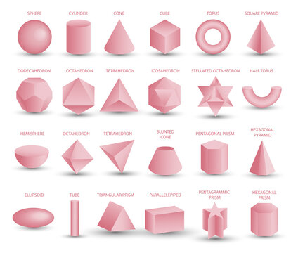 realistic 3D pink geometric shapes isolated on white background. Maths geometrical figure form, realistic shapes model. Platon solid. Icons, logos for education, business, design, game.