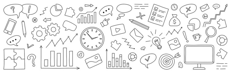 Business and management outline icon collection. Simple set of finance related vector line icons in doodle style. Line Illustration for web design, infographics, presentation. Graphic elements.
