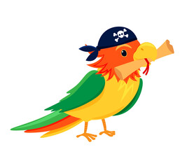 Cartoon pirate parrot with a treasure map in its beak