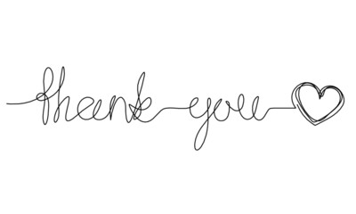 Calligraphic inscription of word "thank you" as continuous line drawing on white  background