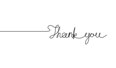 Calligraphic inscription of word "thank you" as continuous line drawing on white  background