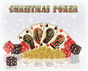 Christmas casino wallpaper with poker dice, cards, golden coins, New 2022 year, vector illustration
