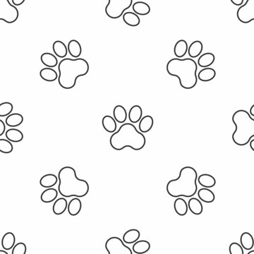 Grey line Paw print icon isolated seamless pattern on white background. Dog or cat paw print. Animal track. Vector