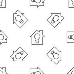 Grey line Smart house and light bulb icon isolated seamless pattern on white background. Vector