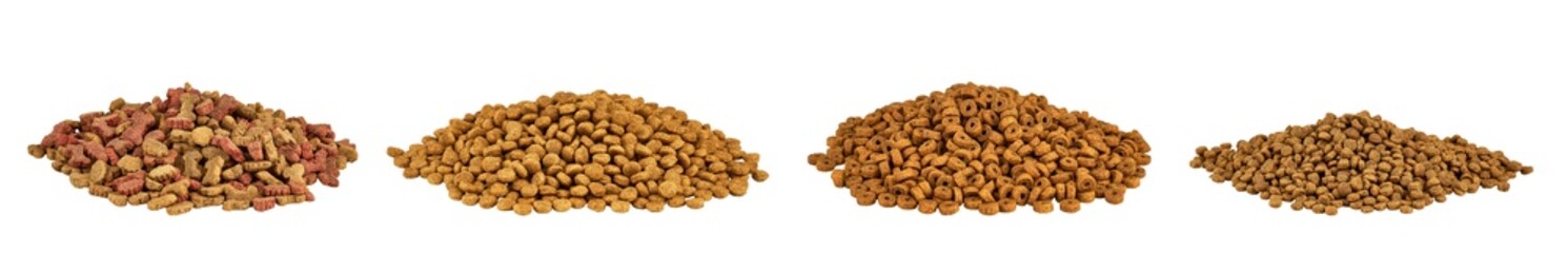 Different types of pet dry food isolated on white Kibble food for cat or dog