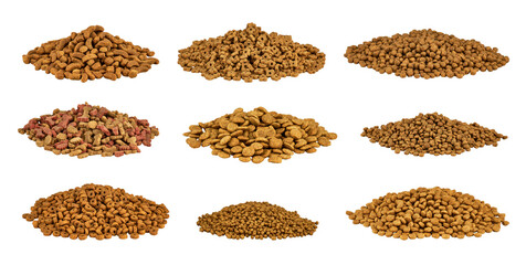 Collection of various types of pet dry food isolated on white Kibble food for cat or dog