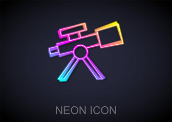 Glowing neon line Telescope icon isolated on black background. Scientific tool. Education and astronomy element, spyglass and study stars. Vector