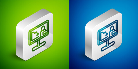 Isometric line Global economic crisis news icon isolated on green and blue background. World finance crisis. Silver square button. Vector