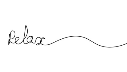 Calligraphic inscription of word "relax" as continuous line drawing on white  background