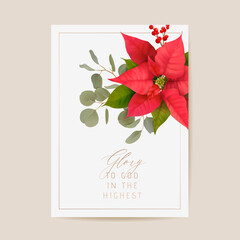 Poinsettia Winter Floral Card, Christmas Vector Wedding Invitation. Holiday Party greeting banner template