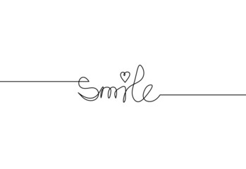 Calligraphic inscription of word "smile" as continuous line drawing on white  background