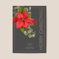 Realistic Poinsettia 3d Flowers Winter Card, Merry Christmas Vector Greetings. New Year Holiday Party Invitation
