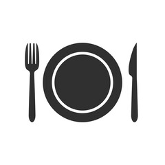 Plate, fork and knife icon in flat style. Food symbol isolated on white background. Bar, cafe, hotel concept. Simple eating icon in black. Vector illustration for graphic design, Web, UI