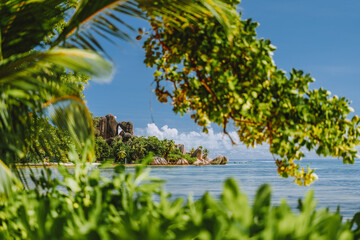 Seychelles famous Anse Source d'Argent beach with well-known granite boulder rocks at La Digue island. Leaves framed photo