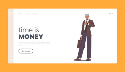 Time is Money Landing Page Template. Businessman Character Look on Wrist Watch Waiting Meeting or Appointment