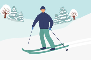 Young man riding on skis masked , winter. Flat vector illustration in cartoon style. Winter Sport Activities Vector Illustration. winter landscape