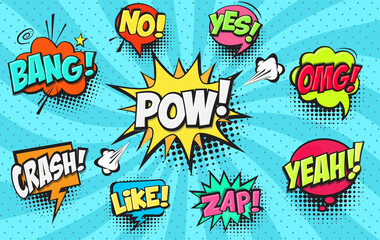 Collection of Cartoon, Comic Speech Bubbles. Colored Dialog Clouds with Halftone Dot Background in Pop Art Style © Wink Images