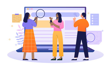 Web search technology. Women and man look at screen with magnifying glass. Finding information on Internet. SEO, data, interface, results. Cartoon flat vector illustration isolated on white background