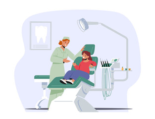 Child at Dentist Office. Little Girl Patient at Dental Clinic for Kids Sit at Chair for Teeth and Oral Cavity Checkup