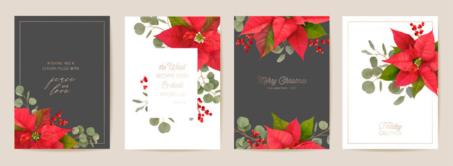 Elegant Merry Christmas and New Year Cards Set with Poinsettia Realistic Flowers, Mistletoe - 462080846