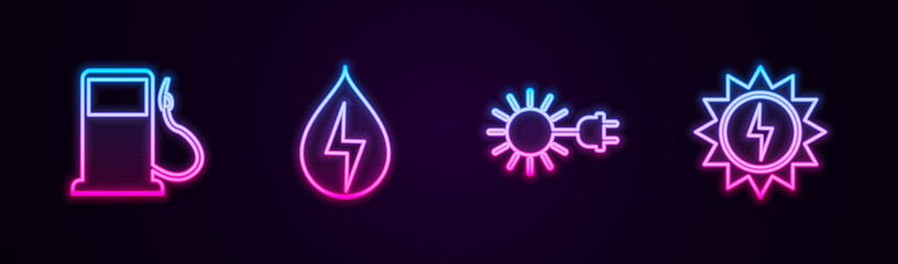 Naklejka premium Set line Petrol or Gas station, Water energy, Sun with electric plug and Solar panel. Glowing neon icon. Vector
