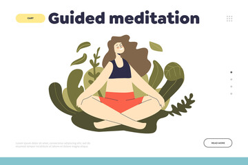 Guided meditation concept of landing page with mindful woman meditating practice zen and yoga