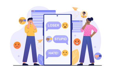 Trolling online concept. Man and woman standing next to smartphone. Social media, chatting, communication. Bad reviews, comments, dislike. Flat vector illustration isolated on white background