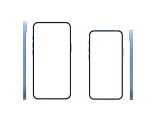 Realistic phone mockup front and side view isolated on white background. 3d blue mobile device with blank screen, 2 size glass smartphone concept for show app and web design. Vector illustration.