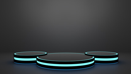 Product display triple podium with gaming and technology concepts, color neon light, pedestal, stand.