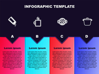 Set line Salt and pepper, Coffee cup, Cooking soup in pot and . Business infographic template. Vector
