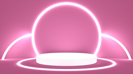 Eye-catching cylindrical pedestal for displaying products, illuminated with circular white lights. Stand or podium in 3 dimensions.