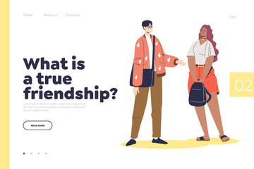 True friendship concept of landing page with man talking to woman friend of mix race