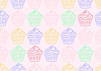 Vector illustration. Seamless pattern for printing on fabric, paper. Pink background and multicolored (light green, brown, blue, yellow) simple cupcakes, soft lines.