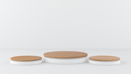 Three white display podiums with wood, the same for placing beauty products, creams, rings. Pedestal, stand with white background.