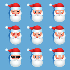 Christmas Set - nine emotion faces of santa. Vector cartoon illustration. Santa Claus expression emoticons face icons cute style. Cute and funny different emotions Santa face stickers avatar portrait 