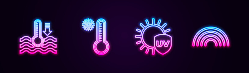 Set line Water thermometer, Meteorology, UV protection and Rainbow. Glowing neon icon. Vector