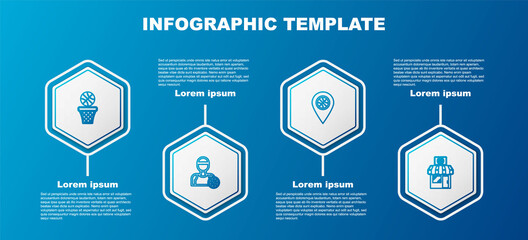 Set line Basketball ball and basket, player, Location with basketball and Sports shop. Business infographic template. Vector