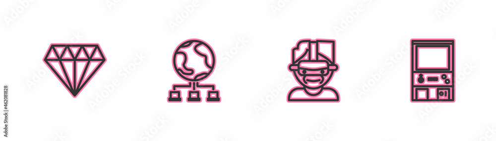 Poster set line diamond, virtual reality glasses, computer network and retro arcade game machine icon. vect