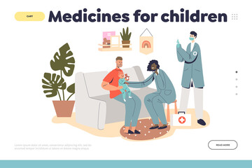 Medicines for children concept of landing page with family doctors pediatrician visit kid at home