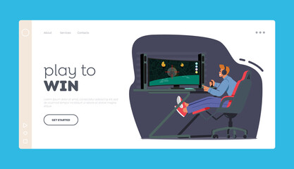 Gamer Teenager Landing Page Template. Character Playing Computer Games with Desktop and Equipment. Teen Playing