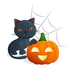 Halloween pumpkin with cute black cat. Orange pumpkin and kitty on white background with spiderweb. Cartoon illustration for the holiday Halloween. Gourd glowing with light. Vector illustration.