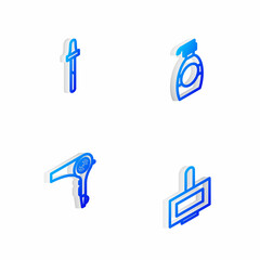 Set Isometric line Bottle of liquid soap, Pipette, Hair dryer and Nail polish bottle icon. Vector