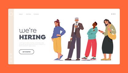We are Hiring Landing Page Template. Men and Women Stand in Row. Job Hiring Concept with Good Looking Employees