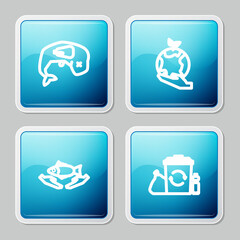 Set line Environment protection whale dead, Hand holding Earth globe, Fish care and Recycle bin with recycle icon. Vector