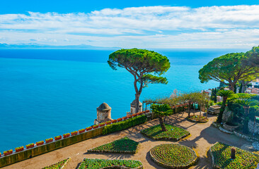 Beautiful town of Ravello sits above the Amalfi Coast's seaside fishing villages, perched on a...