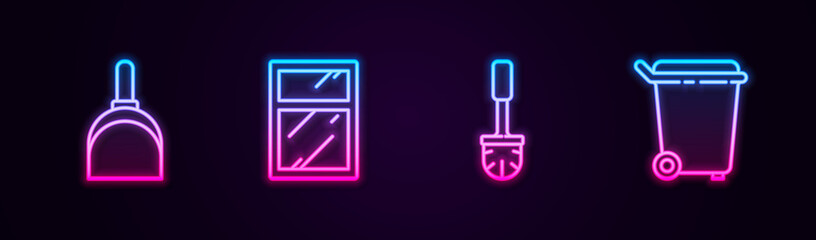 Set line Dustpan, Cleaning service for windows, Toilet brush and Trash can. Glowing neon icon. Vector