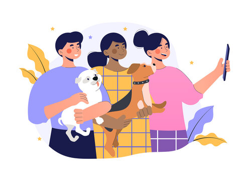 Selfie with dog concept. Friends take photo with their pets. Happy characters take care of their puppies. Content for social networks. Cartoon flat vector illustration isolated on white background