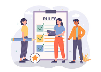 Rules in office concept. Employees stand next to large list of company moral principles. Team work policy. Non disclosure of information. Cartoon flat vector illustration isolated on white background